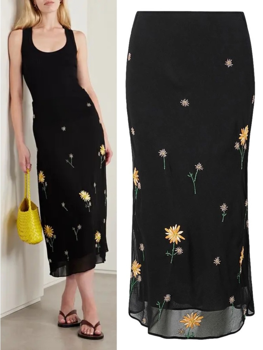 STAUD Angela Floral-Embellished Midi-Skirt in Dahlia Daydream Black NWT